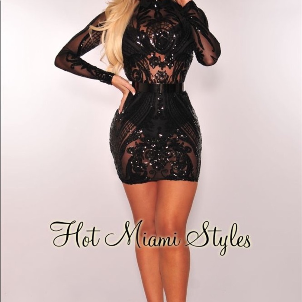 Hot Miami Styles Mesh Panty Lined Sequin Dress